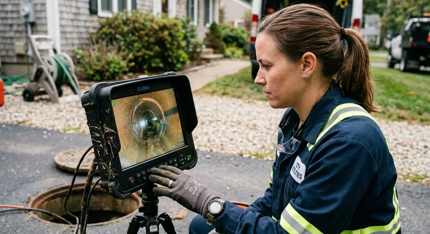 Technician reviewing sewer camera inspection footage in Granger