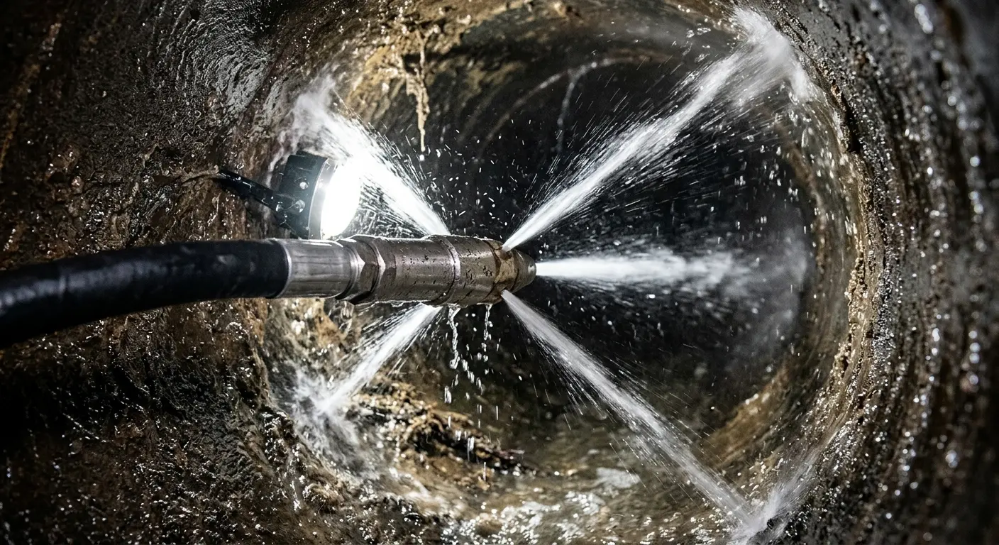 High-pressure hydro jetting nozzle cleaning sewer pipe for Emergency Drain Service in Granger