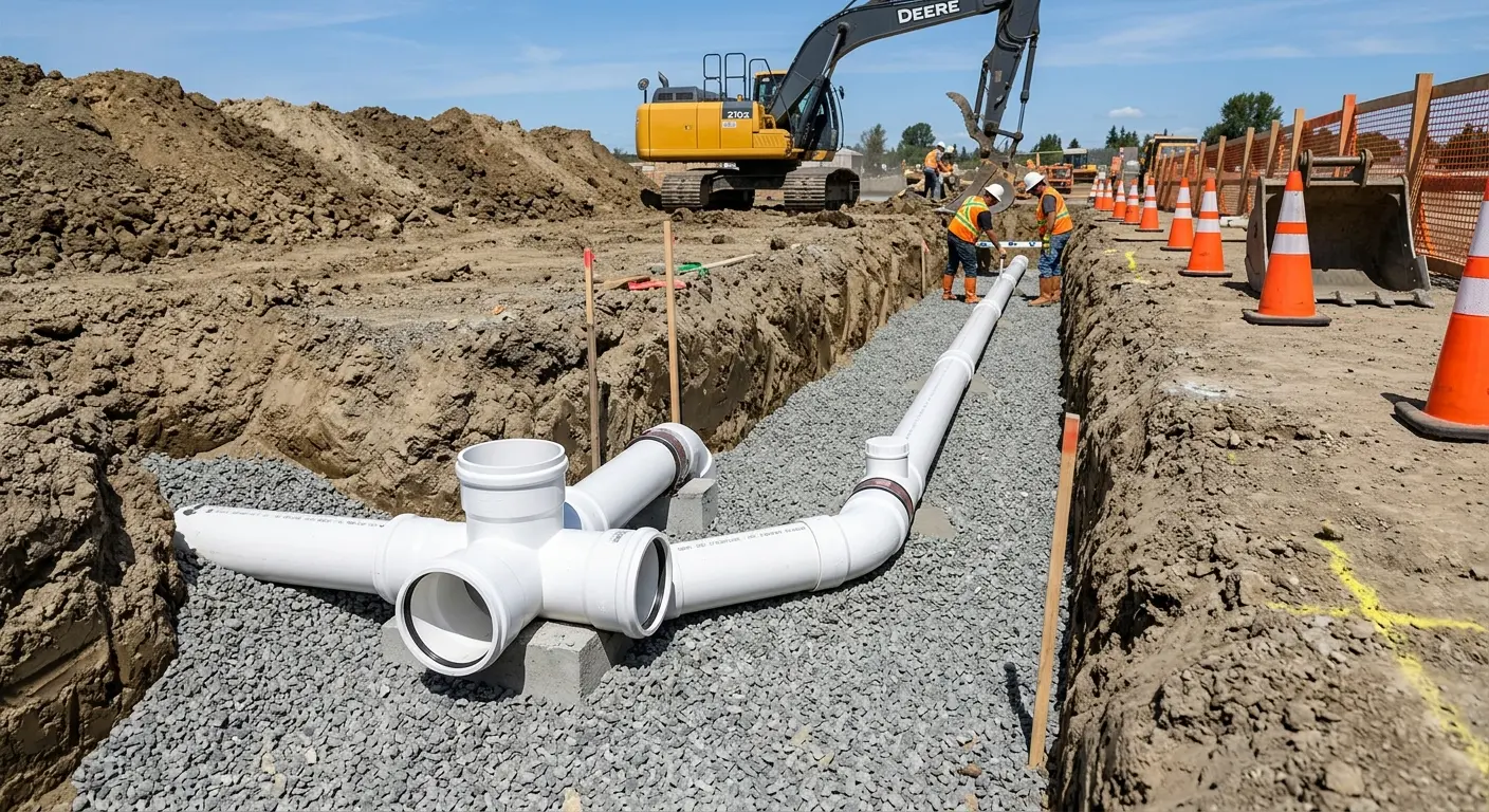 New PVC sewer pipe installation in open trench for Sewer Backup in Granger