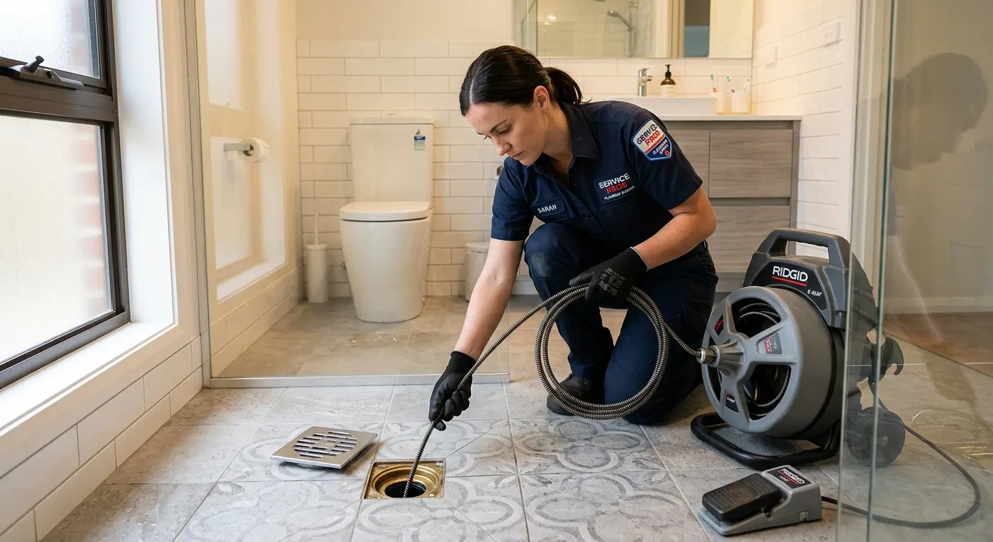 Technician clearing a bathroom floor drain for Sewer Line Replacement in Granger